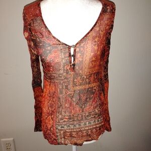 Lucky Brand Sheer Boho Patchwork Henley Blouse in Rust and Brown